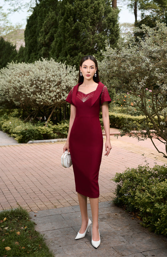 Gabardine and Silk Midi Dress with Lace Detail