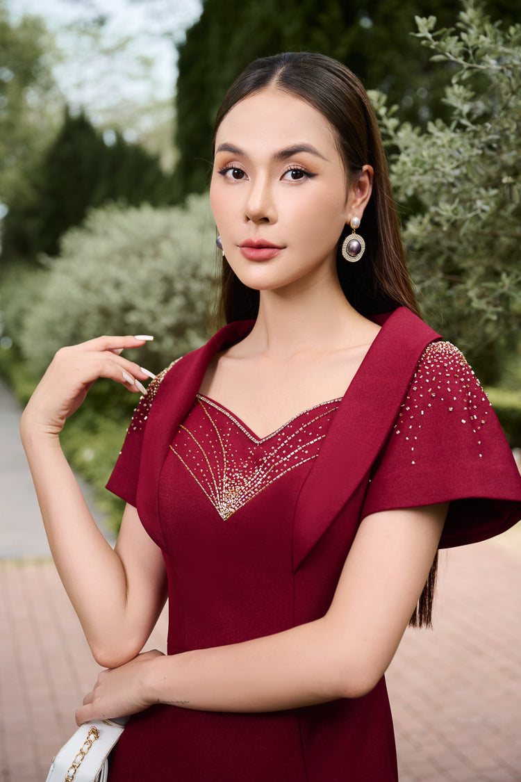 Gabardine and Silk Midi Dress with Lace Detail