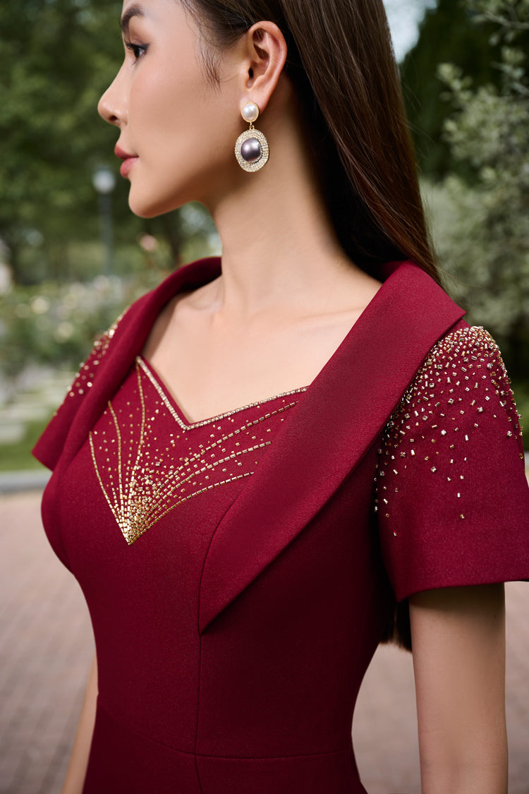 Gabardine and Silk Midi Dress with Lace Detail