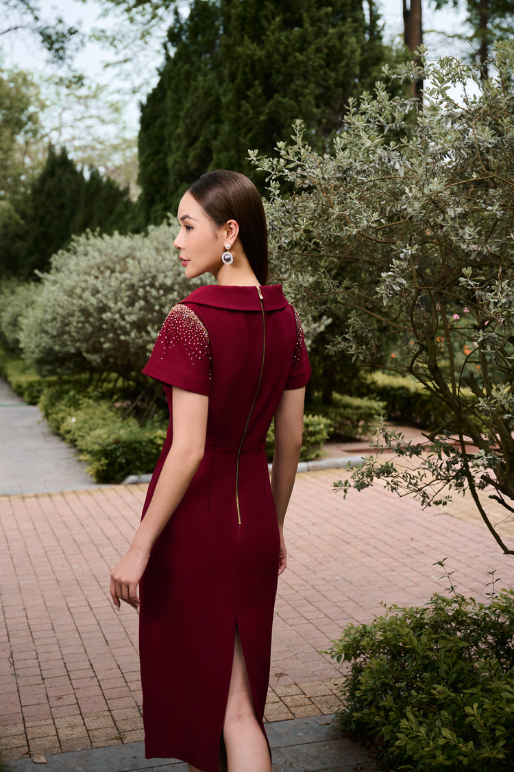 Gabardine and Silk Midi Dress with Lace Detail