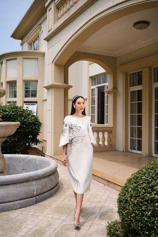 Metallic Taffeta Midi Dress with Embroidered Floral Design