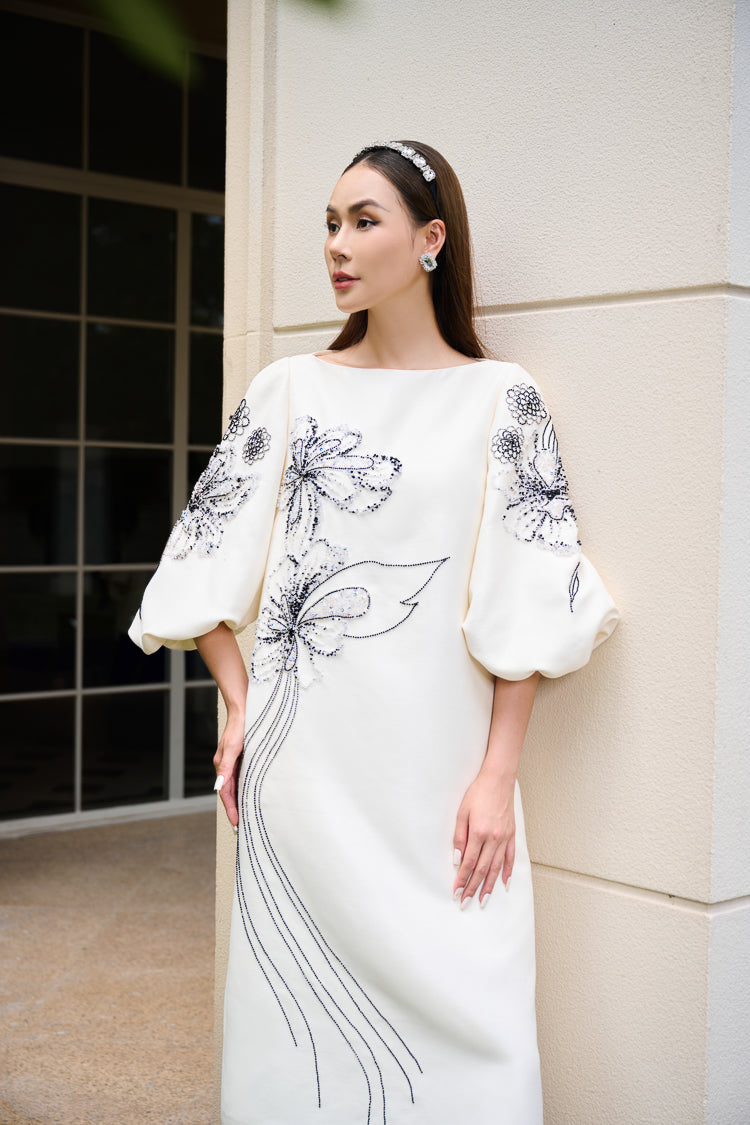 Metallic Taffeta Midi Dress with Embroidered Floral Design
