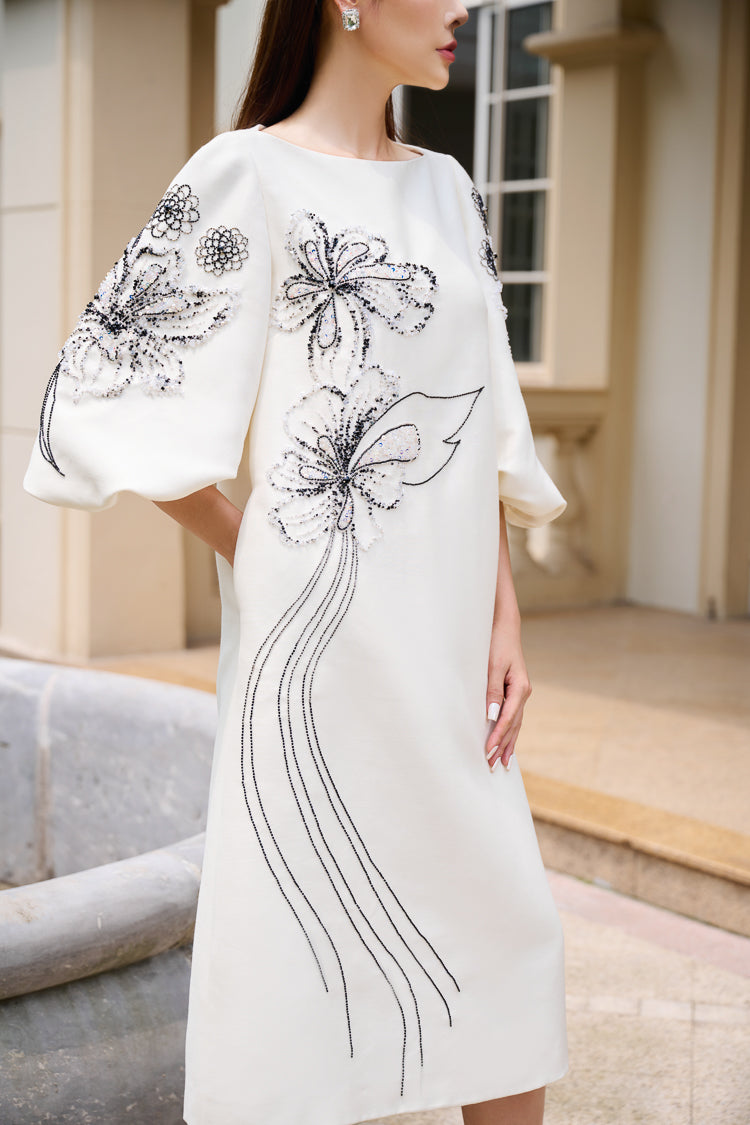 Metallic Taffeta Midi Dress with Embroidered Floral Design