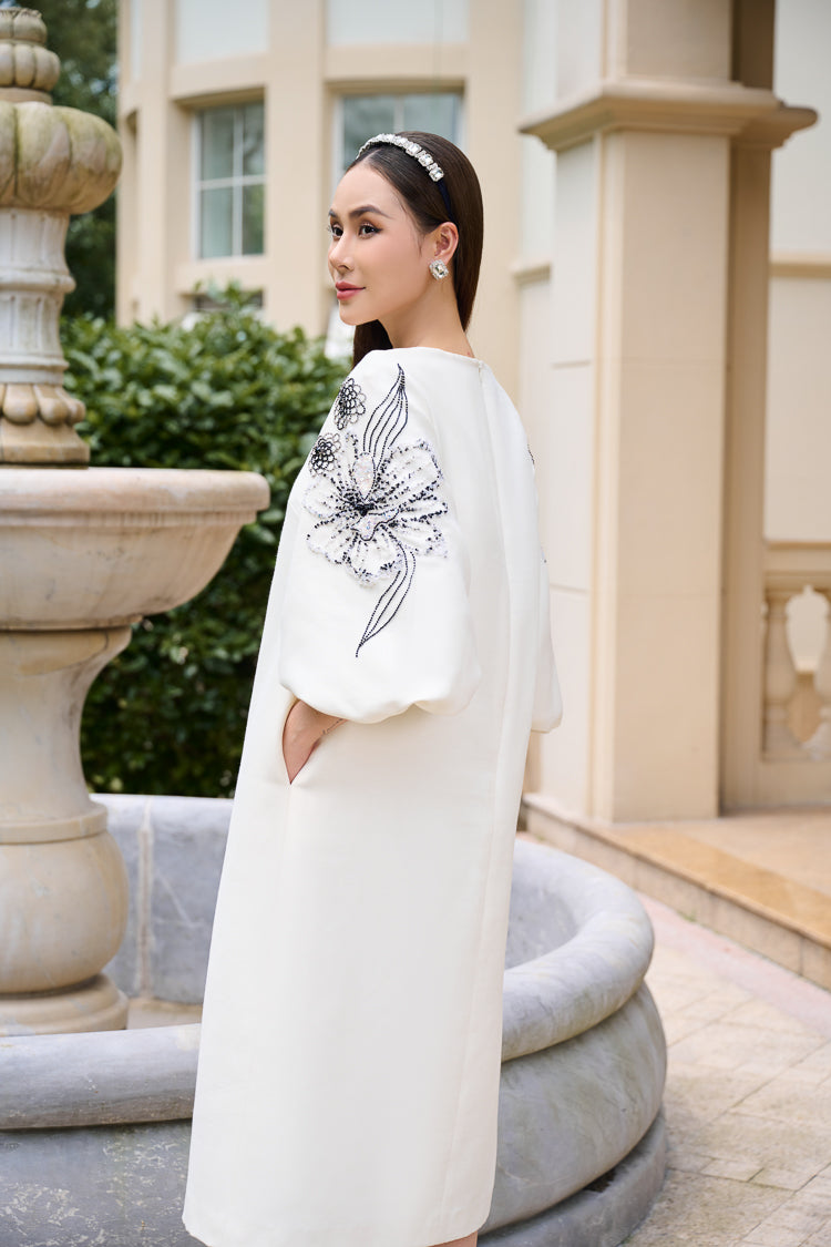 Metallic Taffeta Midi Dress with Embroidered Floral Design