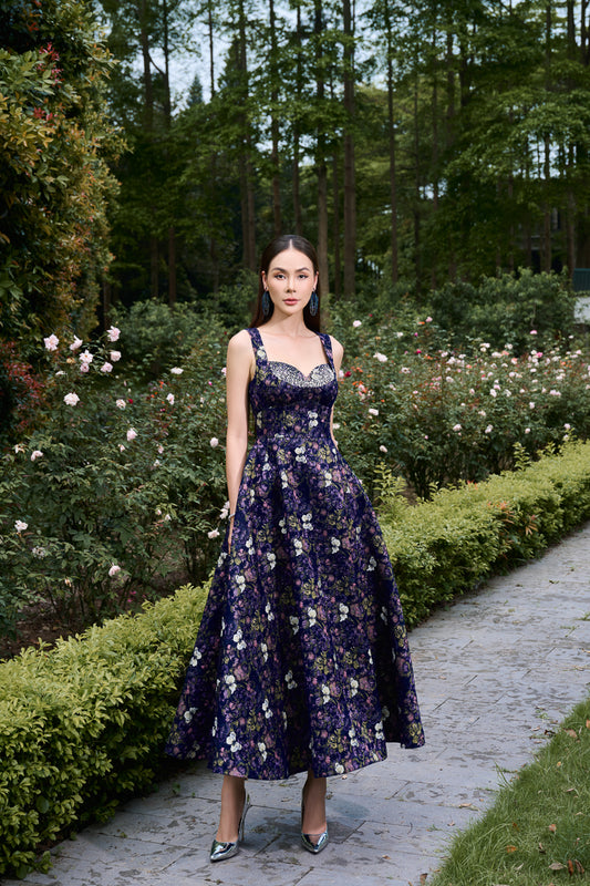 Floral Jacquard Brocade A-Line Dress