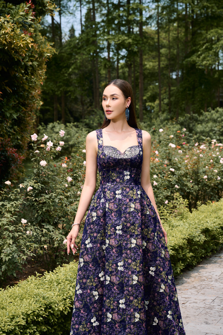 Floral Jacquard Brocade A-Line Dress