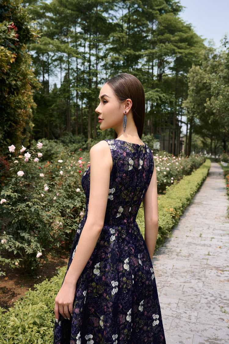 Floral Jacquard Brocade A-Line Dress