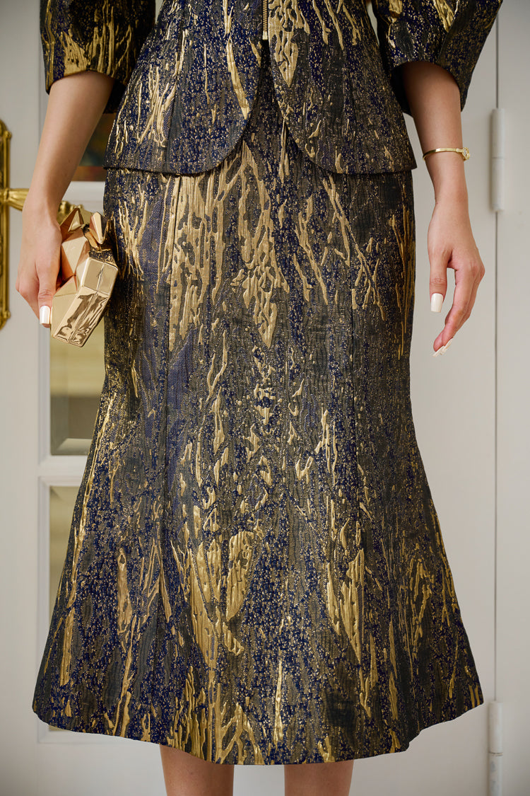 Jacquard Brocade Skirt and Blouse Set with Bow Detail