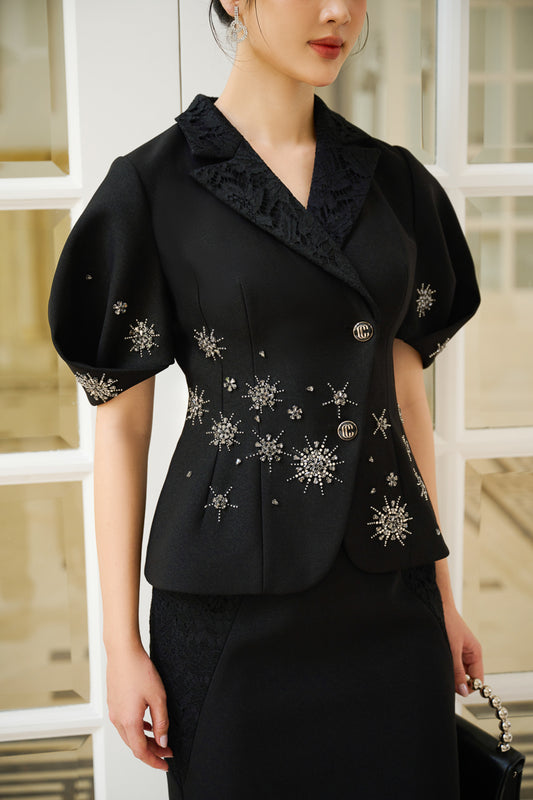 Le SoLeil Gabardine Coat and Dress Set with Embroidered Detailing