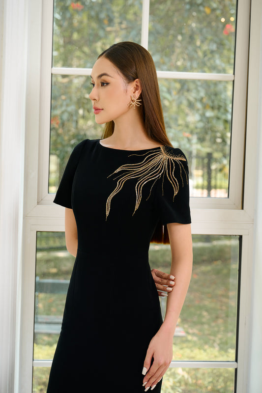 Le SoLeil Twill Embroidered Flared Midi Dress