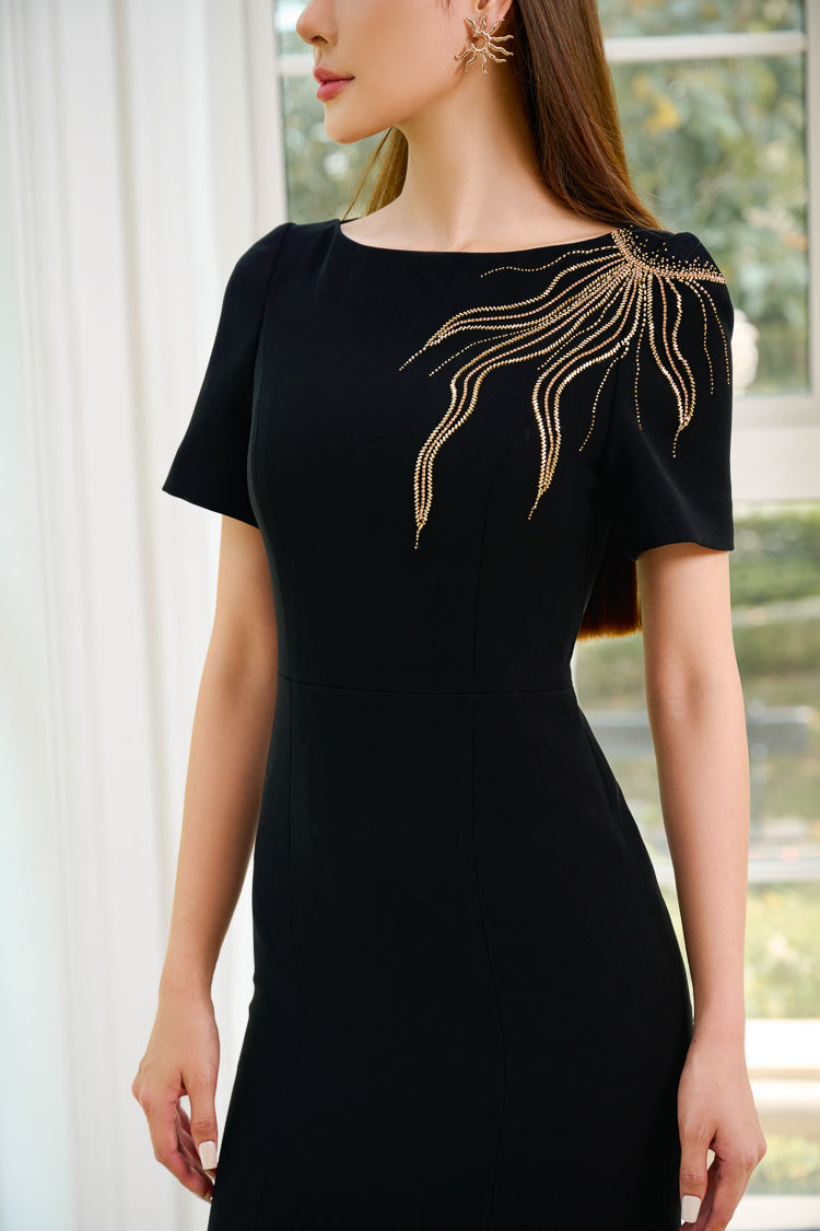 Le SoLeil Twill Embroidered Flared Midi Dress