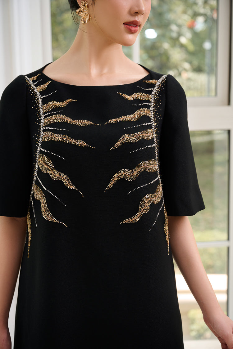 Le SoLeil Gabardine A-Line Dress with Embroidered Detail