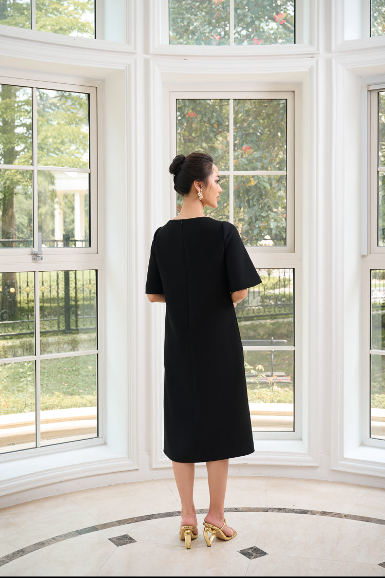 Le SoLeil Gabardine A-Line Dress with Embroidered Detail
