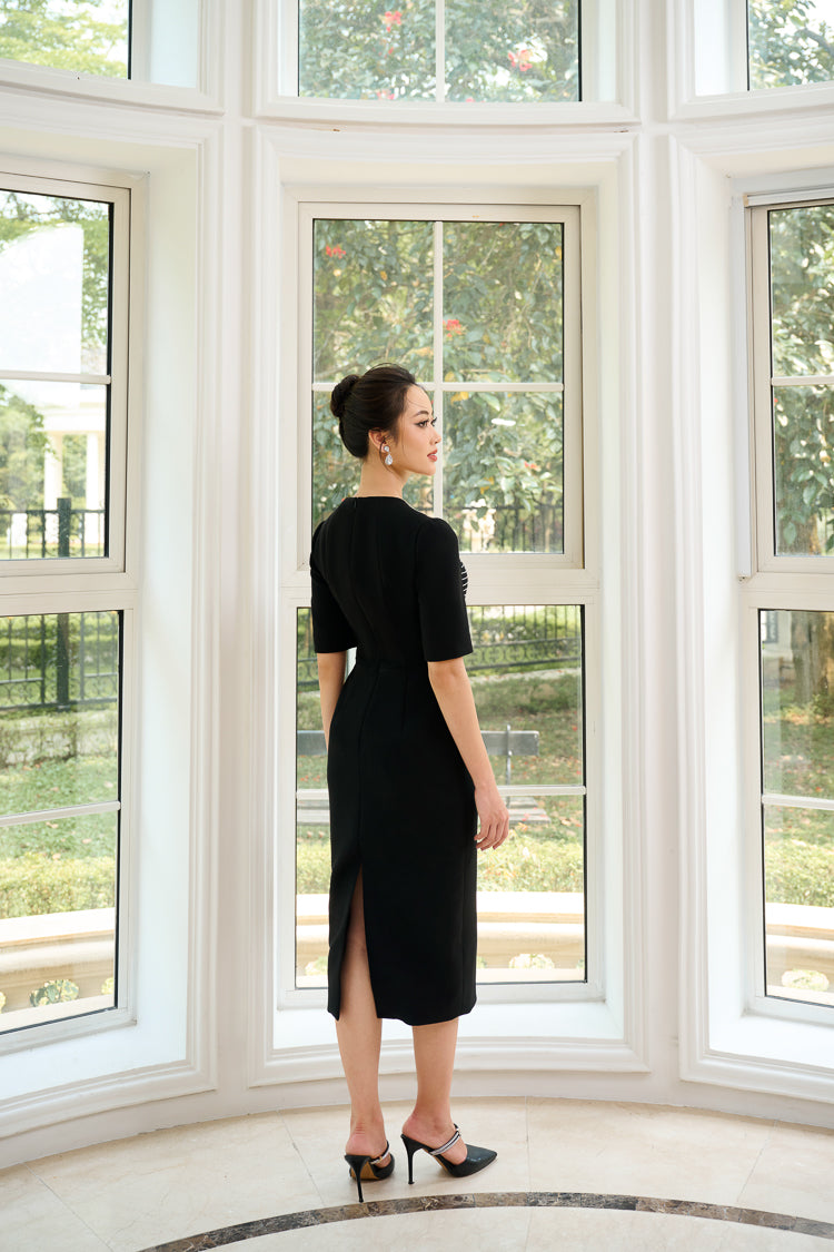 Le SoLeil Gabardine Dress with Mesh Yoke and Embroidered Detail