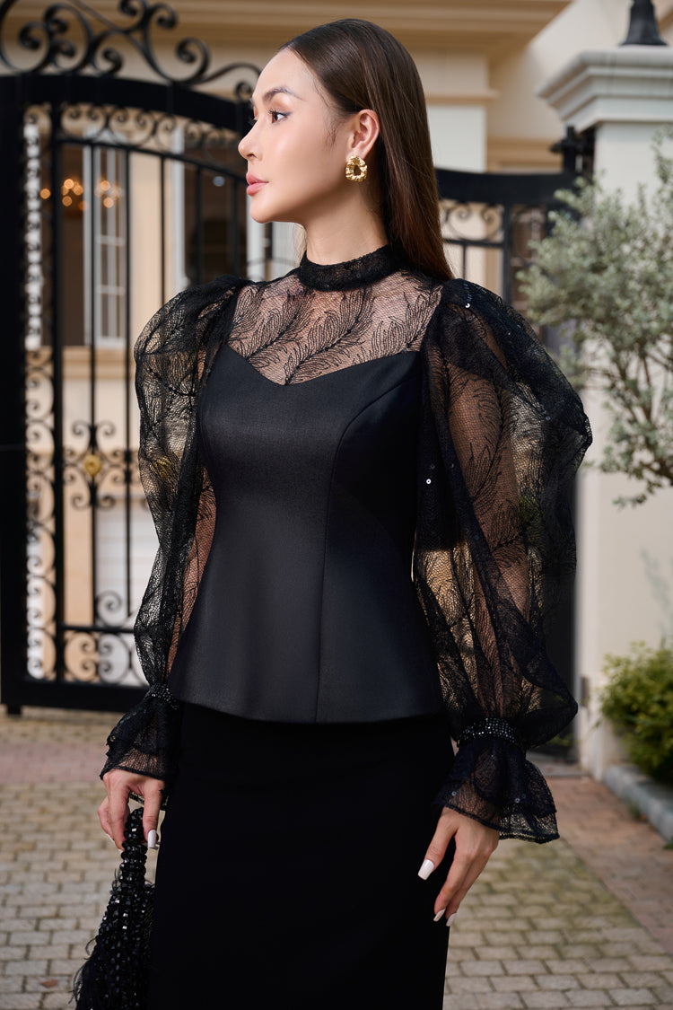 Le SoLeil Leather-Faced Taffeta and lace Blouse