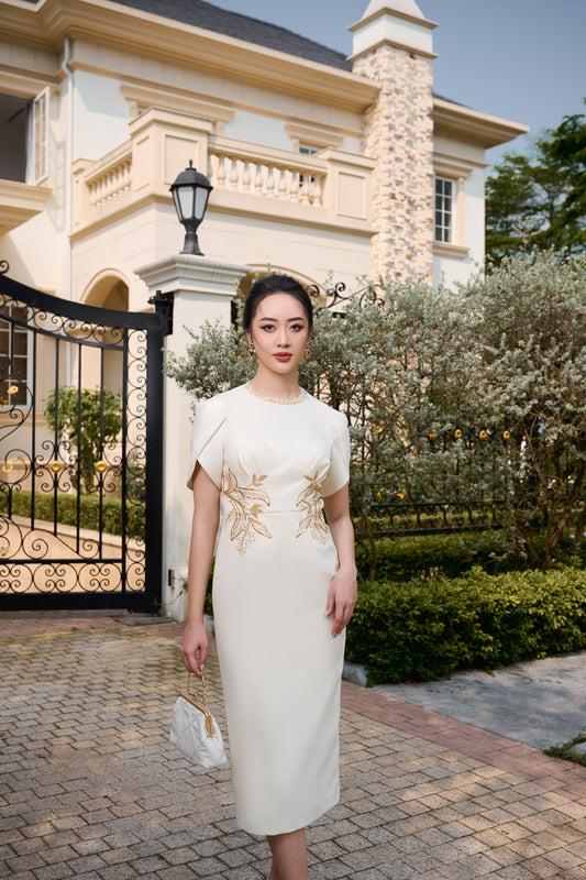 Le SoLeil Embroidered Gabardine Midi Dress with Cape SLeeves