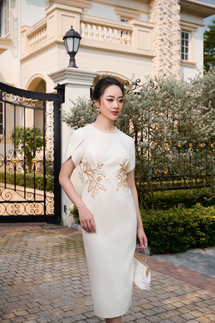 Le SoLeil Embroidered Gabardine Midi Dress with Cape SLeeves