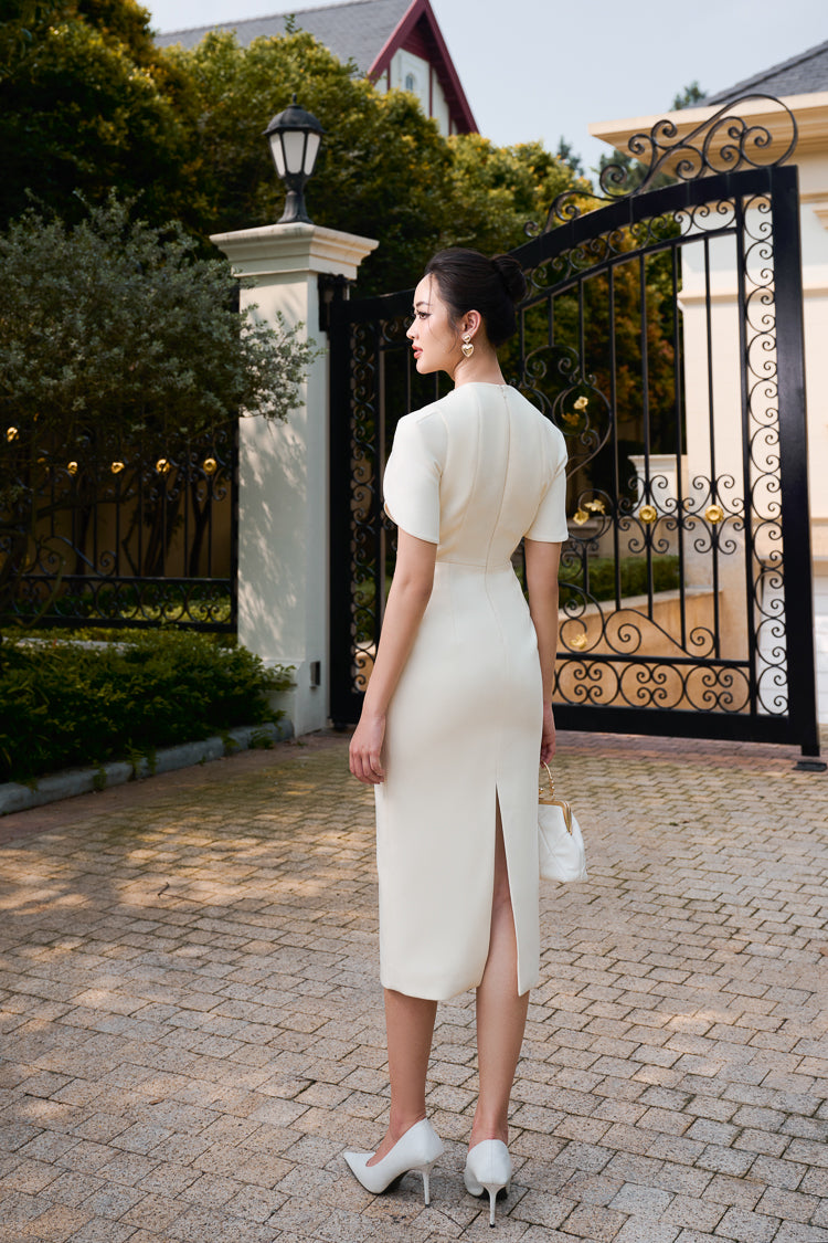 Le SoLeil Embroidered Gabardine Midi Dress with Cape SLeeves