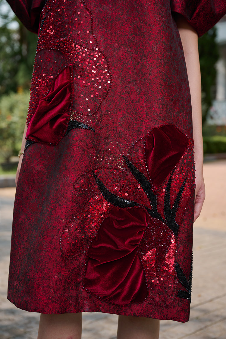Le SoLeil Jacquard Silk Puff SLeeve A-Line Dress