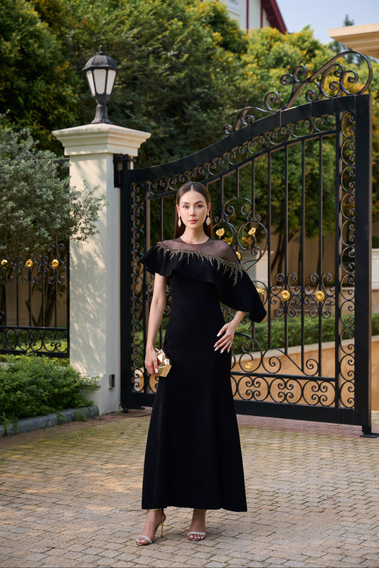 Le SoLeil Twill One-Shoulder Maxi Dress with Embroidered RuffLe