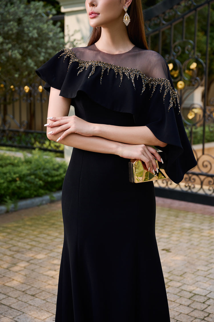 Le SoLeil Twill One-Shoulder Maxi Dress with Embroidered RuffLe