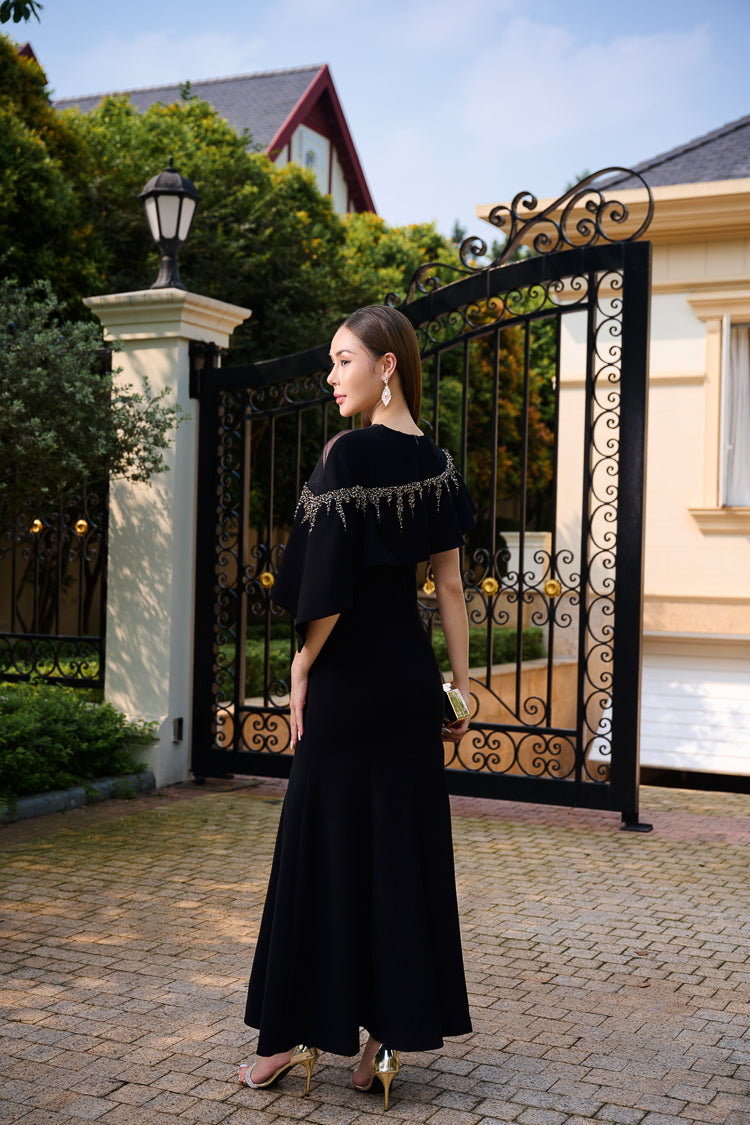 Le SoLeil Twill One-Shoulder Maxi Dress with Embroidered RuffLe