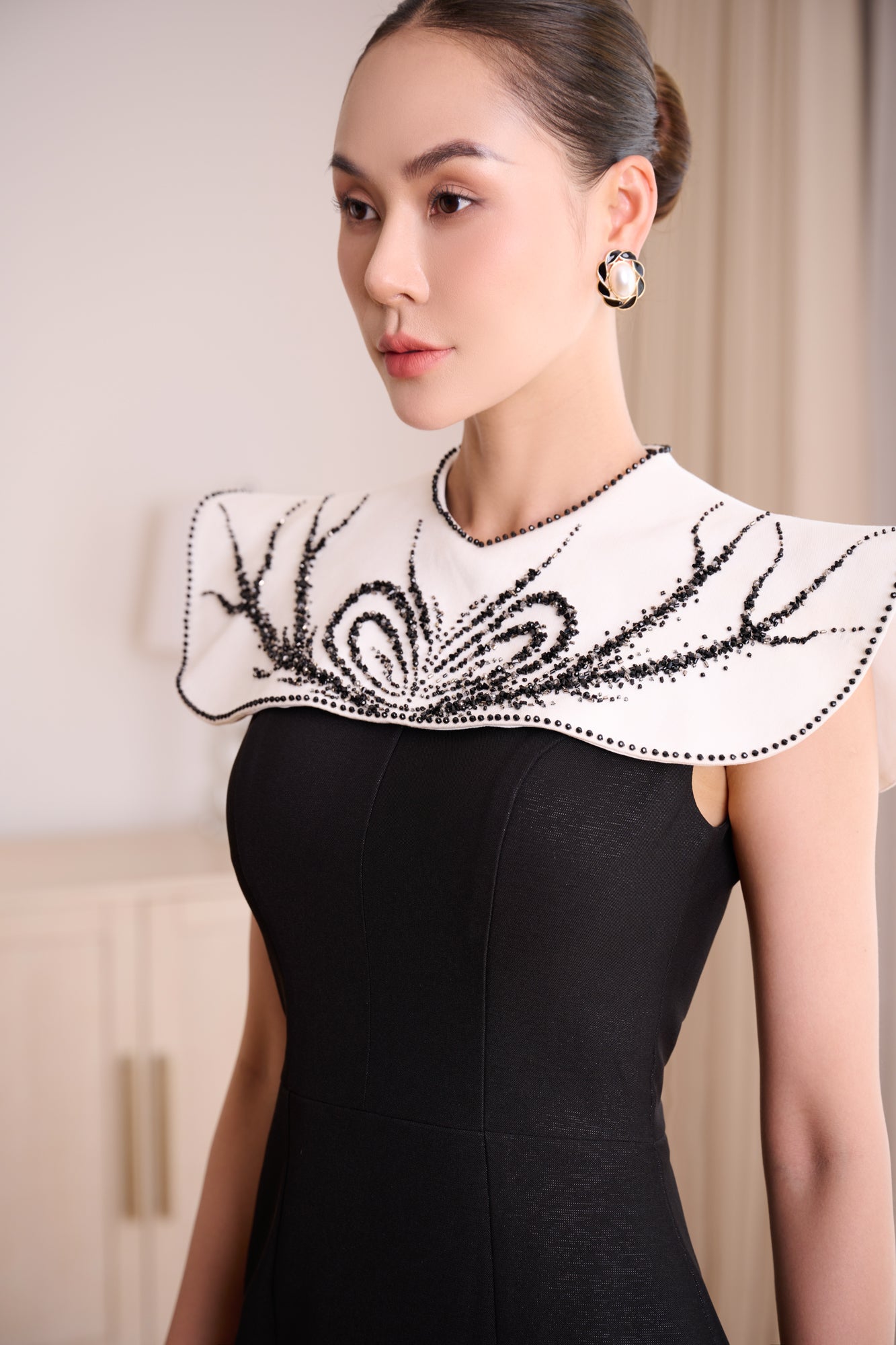 Black Midi Dress with Embellished White Collar