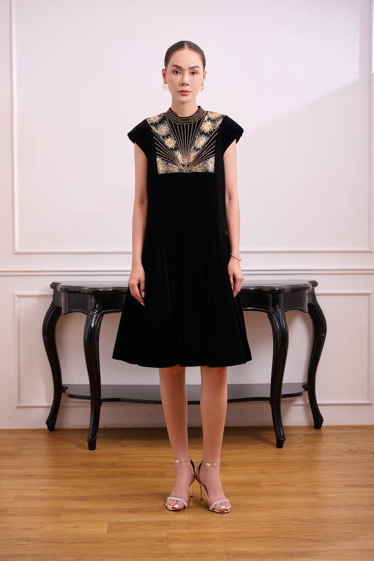 Black Velvet Dress with Lace Detailing