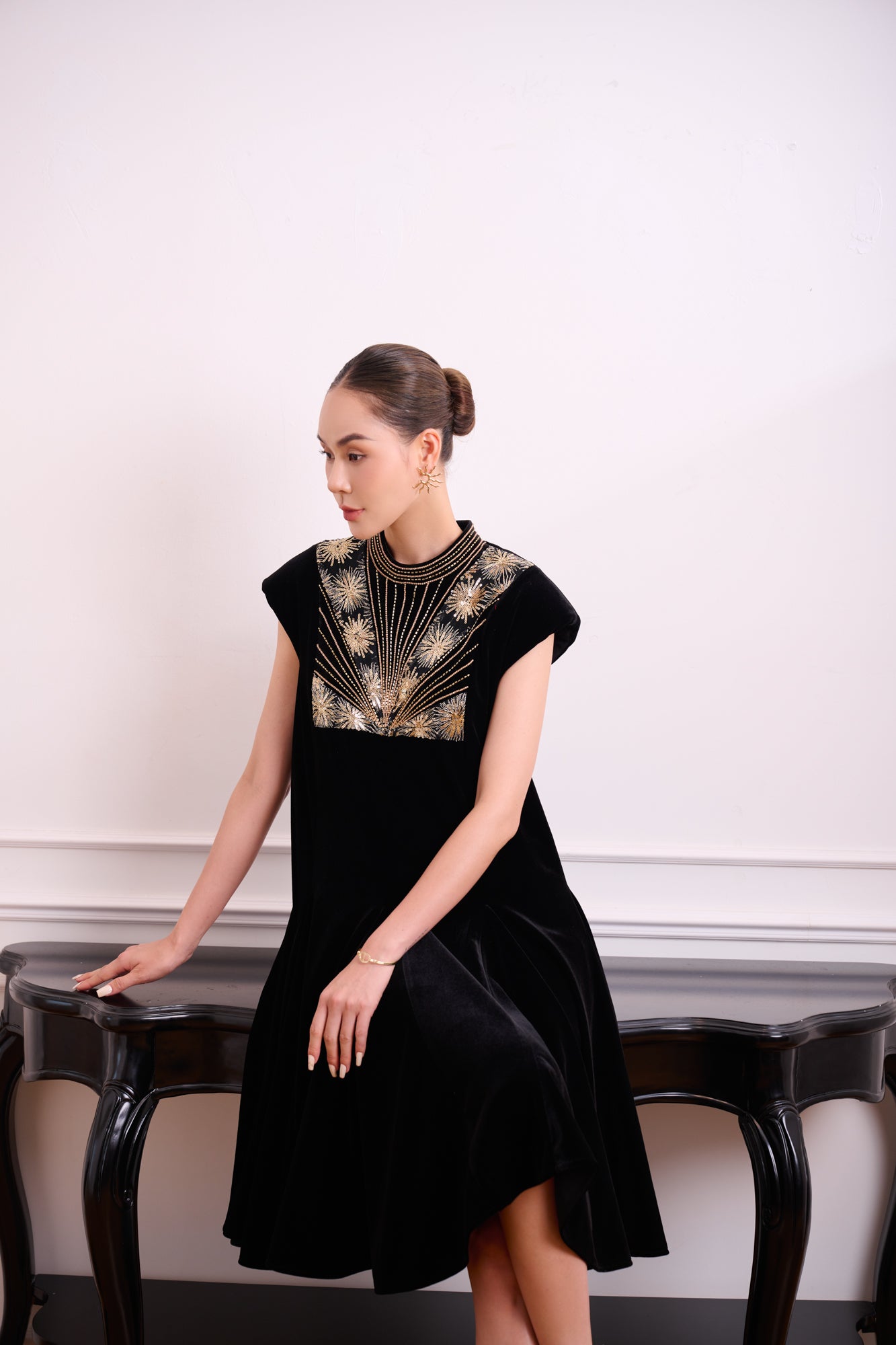 Black Velvet Dress with Lace Detailing