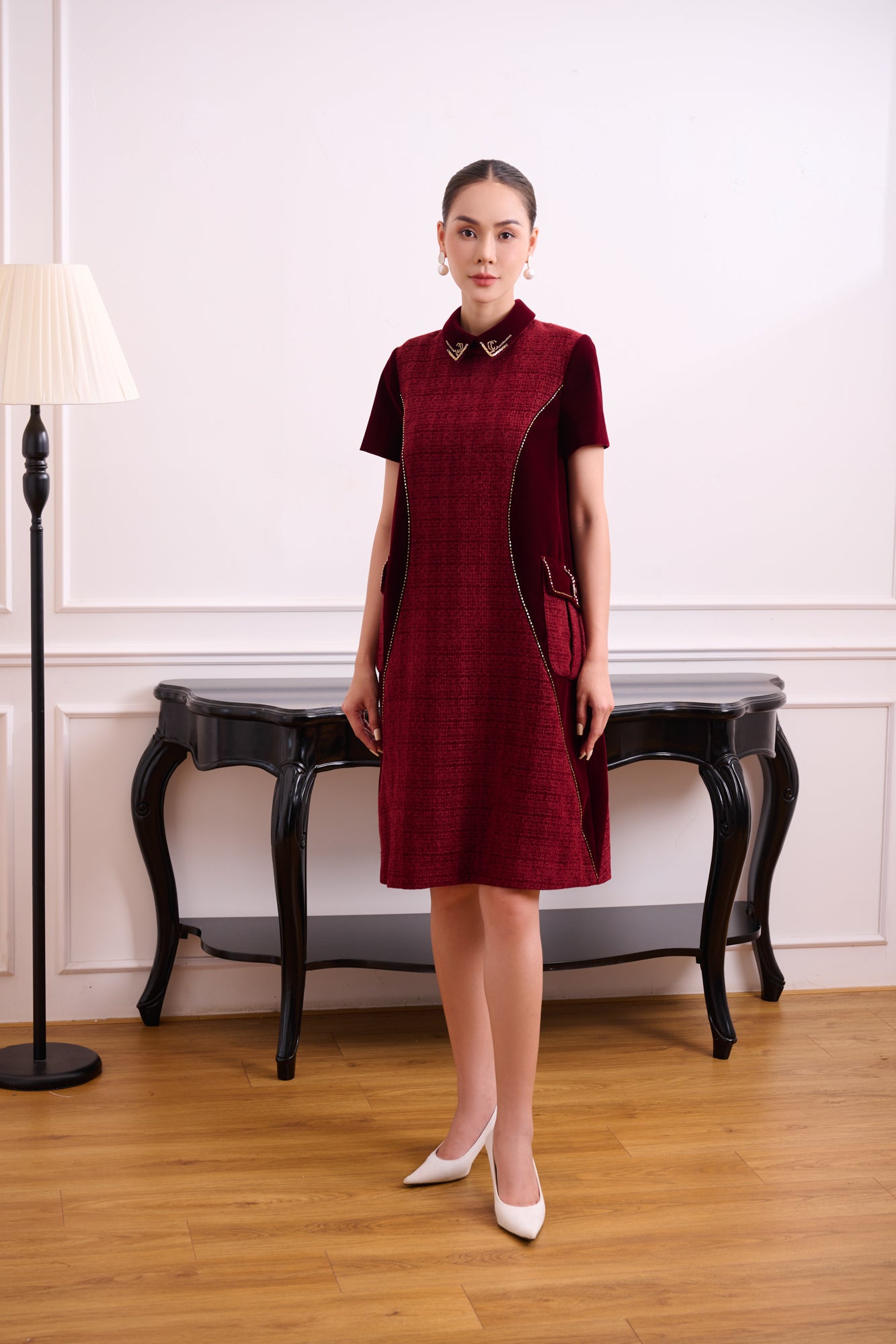 Chic Burgundy A-Line Dress with Velvet Accents and Embellished Collar