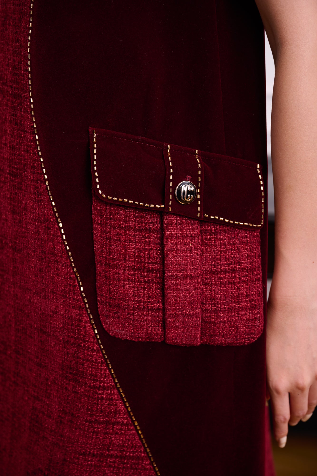 Chic Burgundy A-Line Dress with Velvet Accents and Embellished Collar
