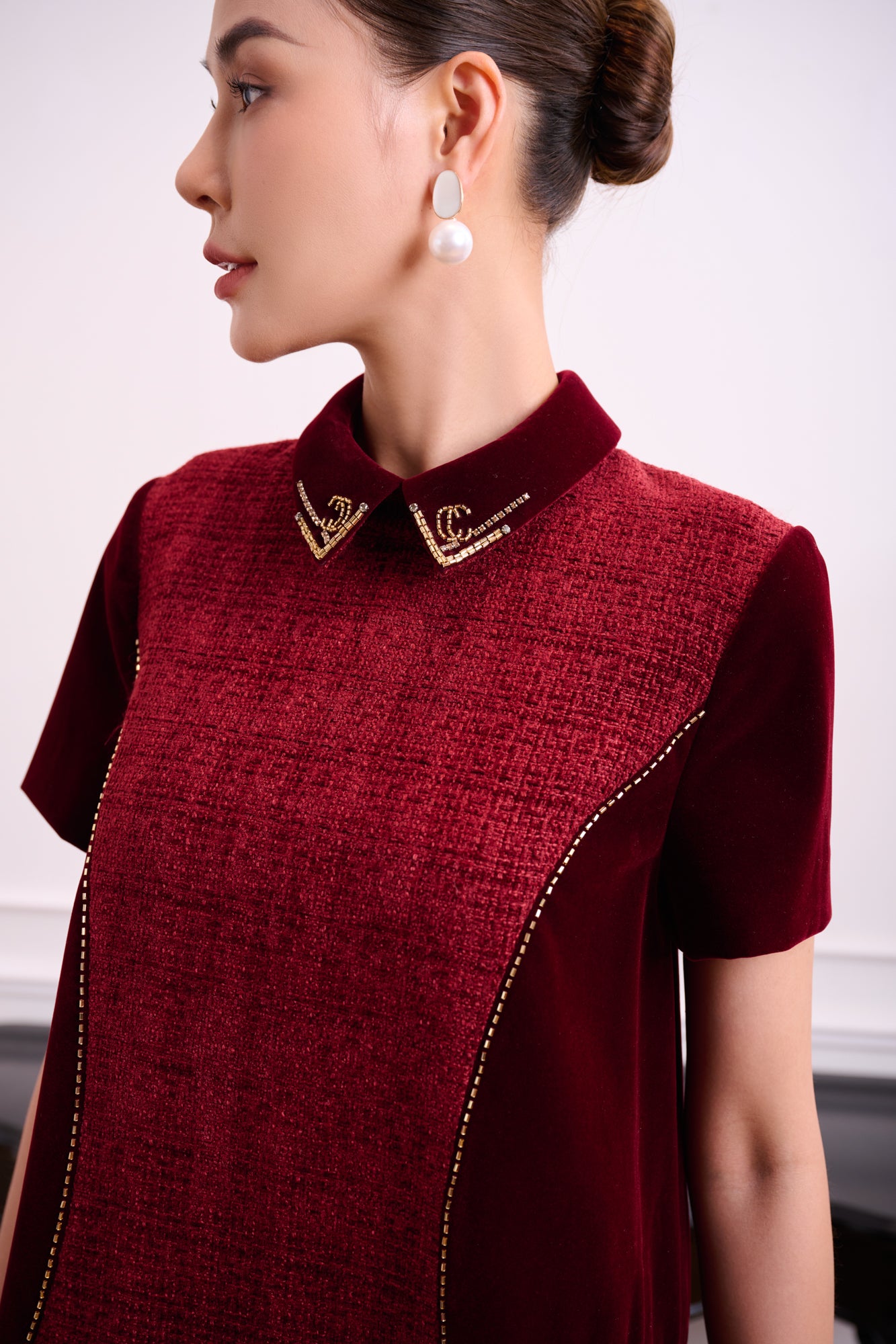 Chic Burgundy A-Line Dress with Velvet Accents and Embellished Collar