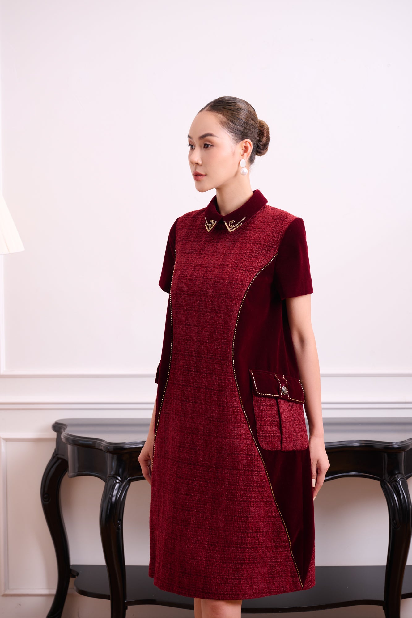 Chic Burgundy A-Line Dress with Velvet Accents and Embellished Collar