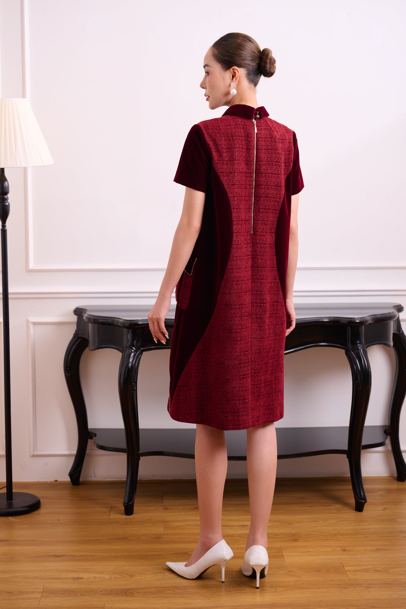 Chic Burgundy A-Line Dress with Velvet Accents and Embellished Collar