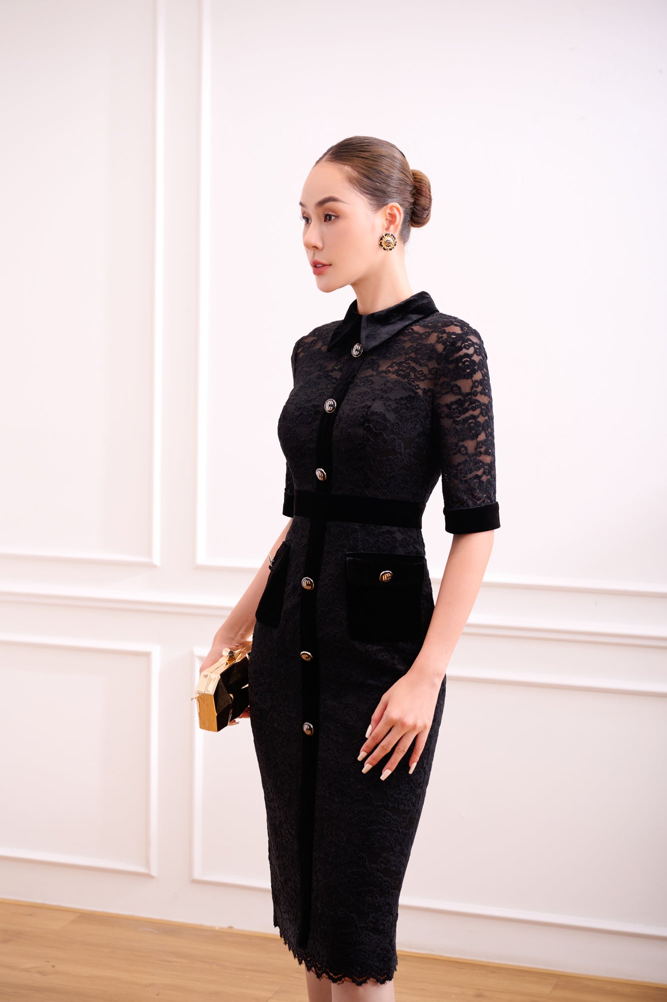 Black Lace and Velvet Button-Down Midi Dress