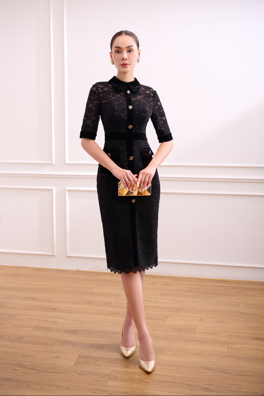 Black Lace and Velvet Button-Down Midi Dress