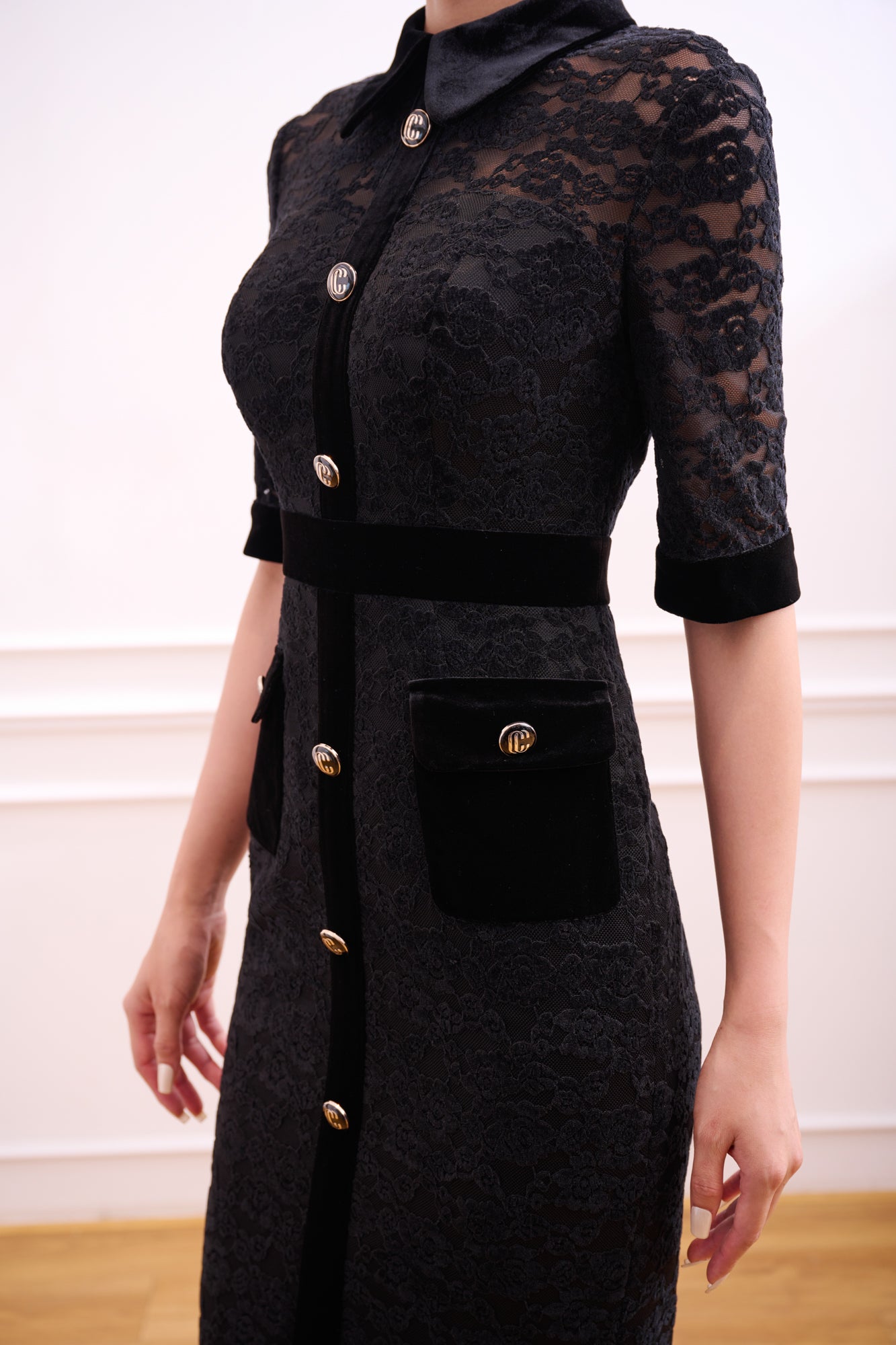 Black Lace and Velvet Button-Down Midi Dress