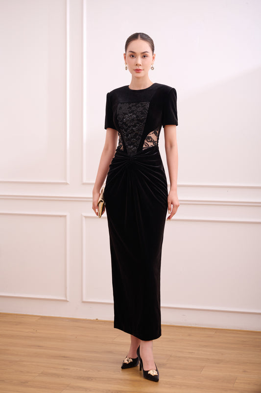 Black Velvet Dress with Lace Panel and Draped Detail