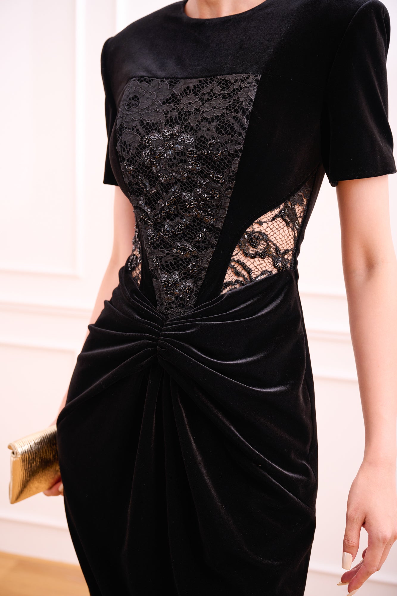 Black Velvet Dress with Lace Panel and Draped Detail