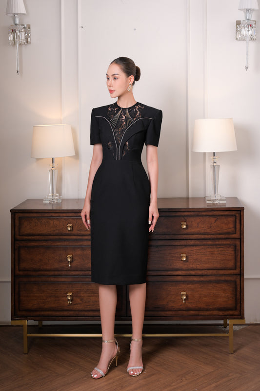 Gabardine & Lace Black Midi Dress with Sheer Lace Panel