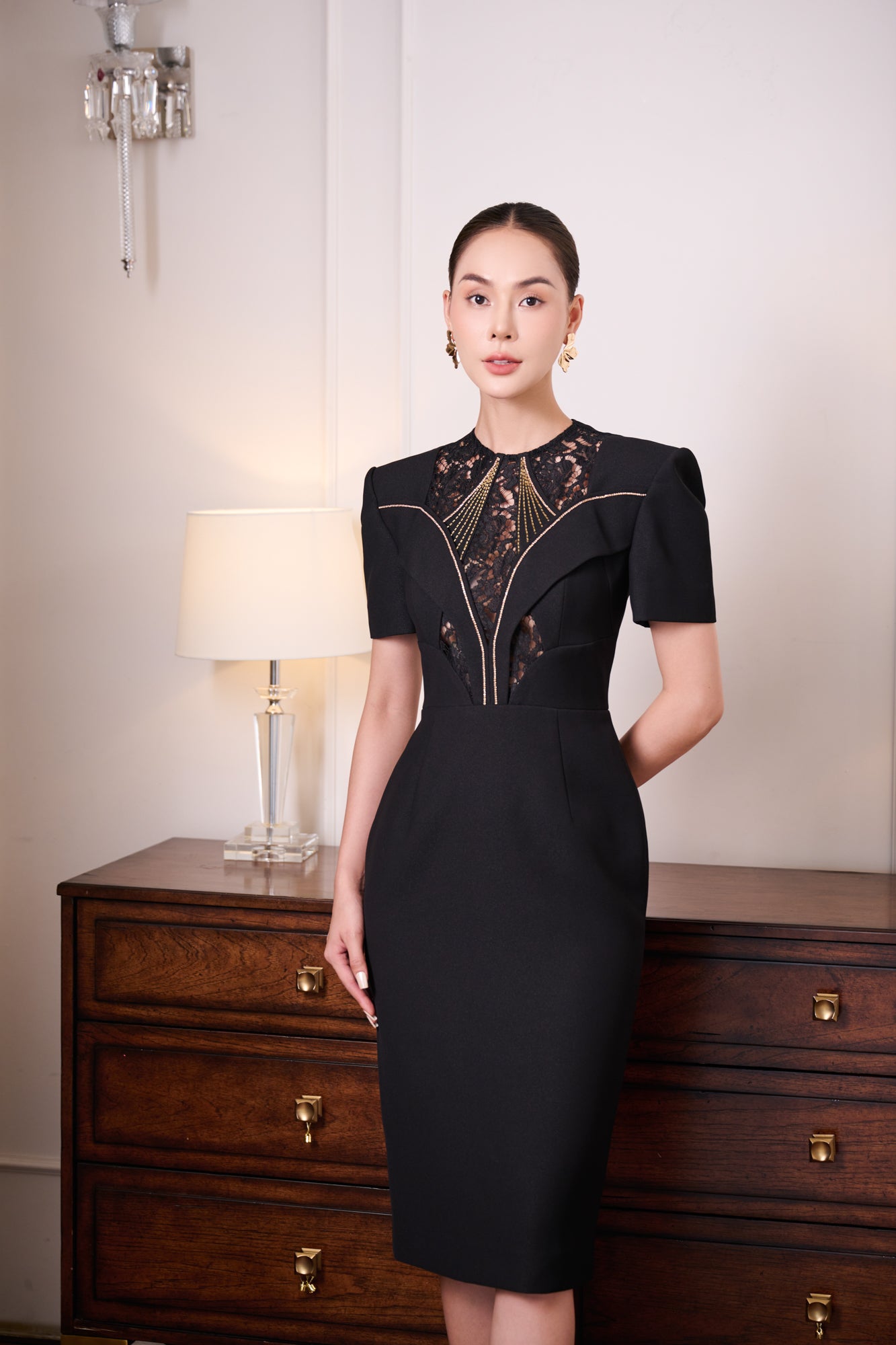 Gabardine & Lace Black Midi Dress with Sheer Lace Panel