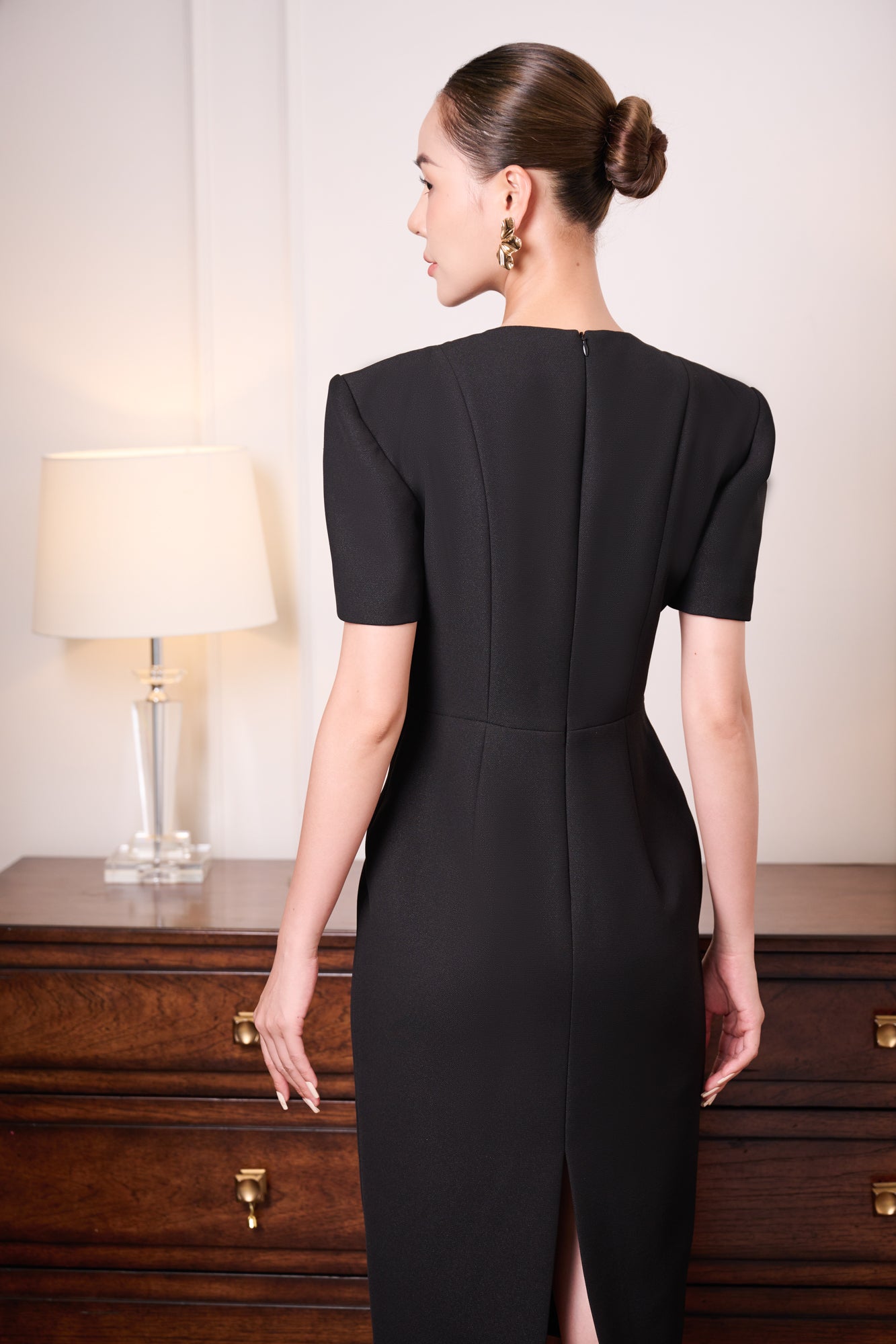 Gabardine & Lace Black Midi Dress with Sheer Lace Panel