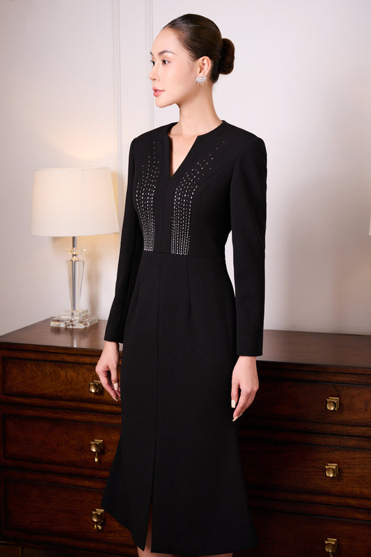 Black Gabardine A-Line Midi Dress with Embellished Neckline