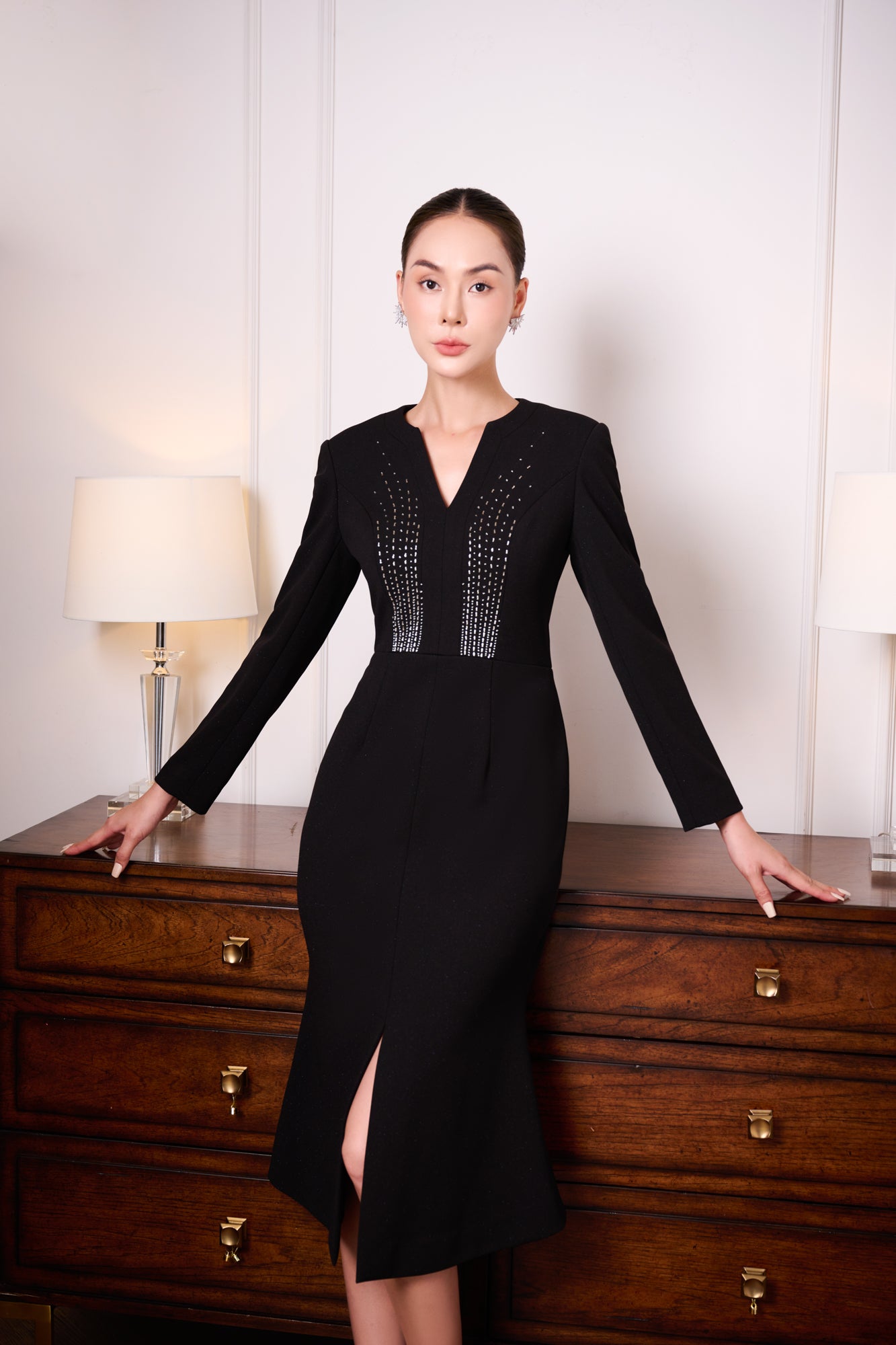 Black Gabardine A-Line Midi Dress with Embellished Neckline