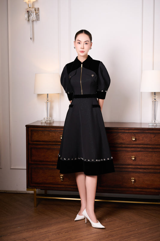 Gabardine & Velvet Black Midi Dress with Puff Sleeves and Zipper Front