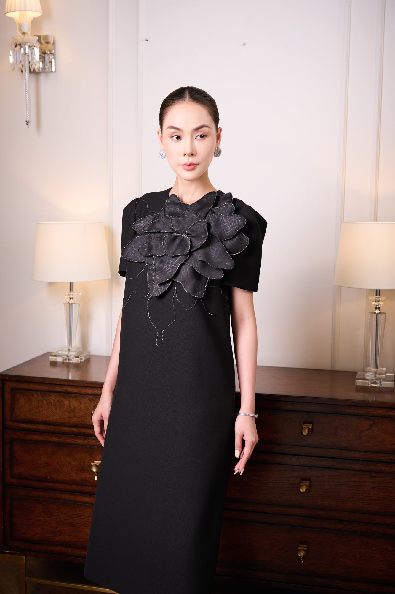 Black Gabardine Dress with Silk Floral Applique