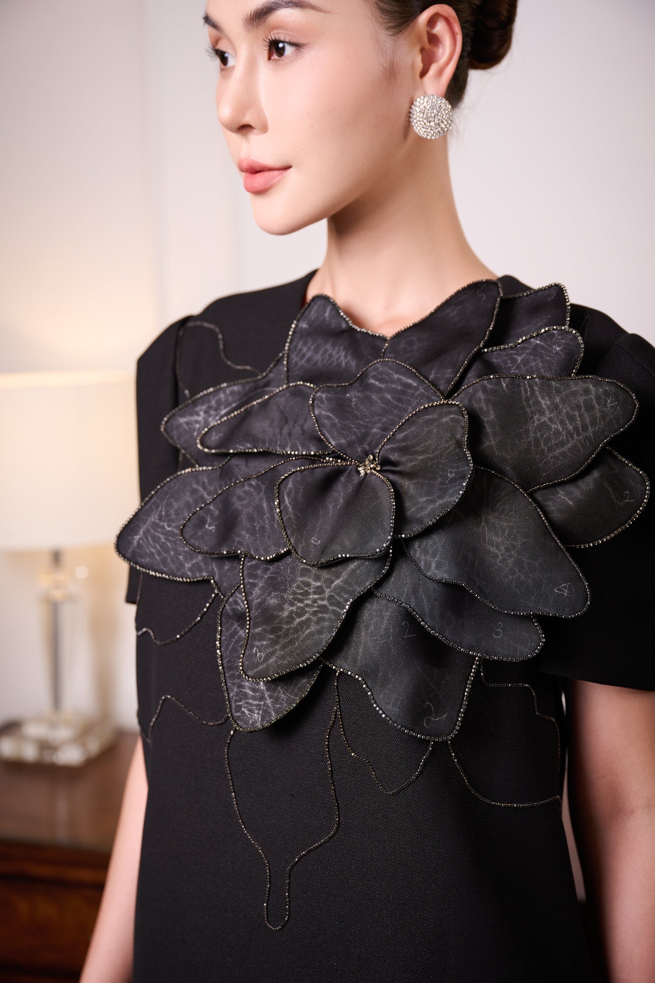 Black Gabardine Dress with Silk Floral Applique