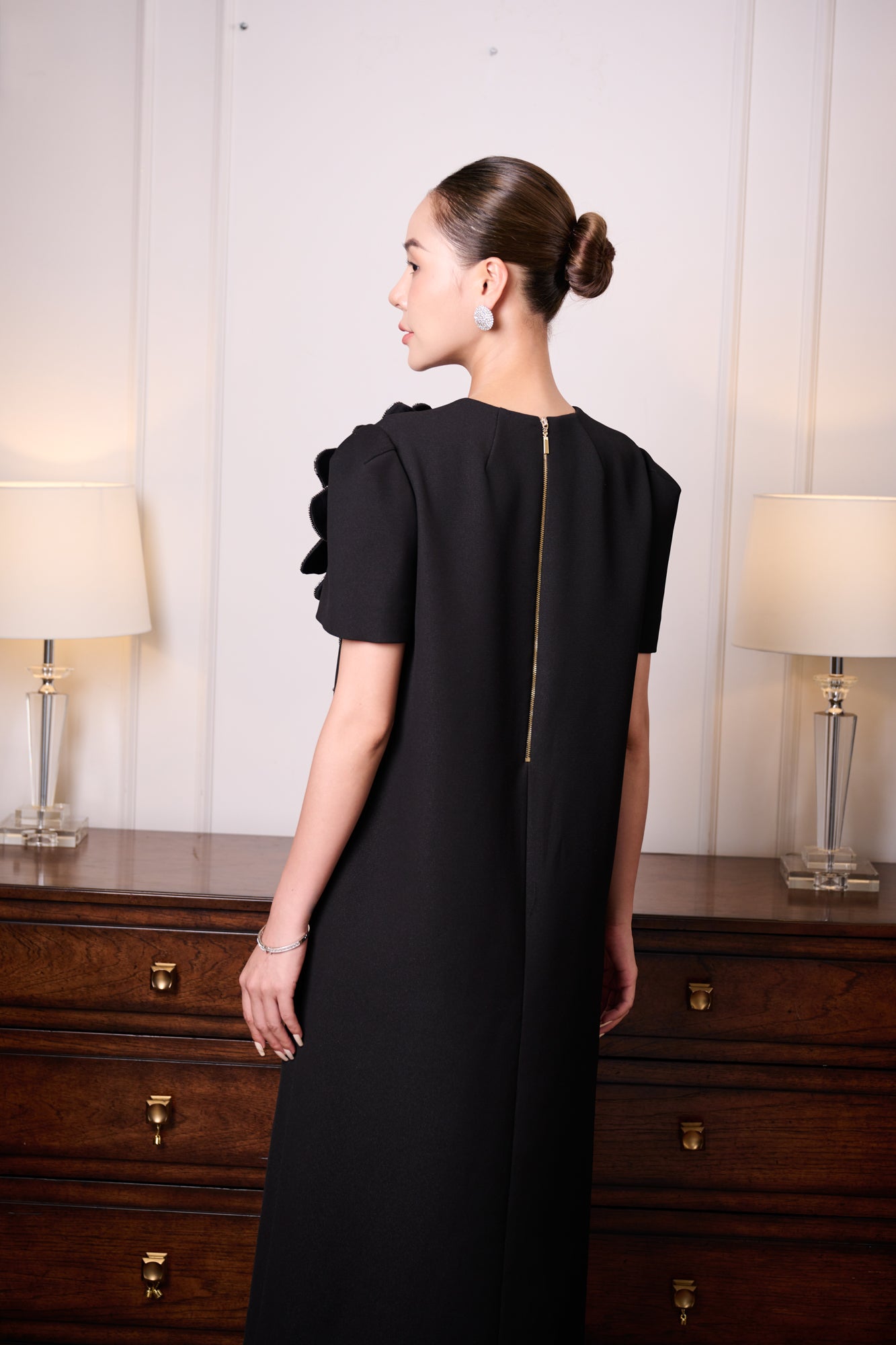 Black Gabardine Dress with Silk Floral Applique