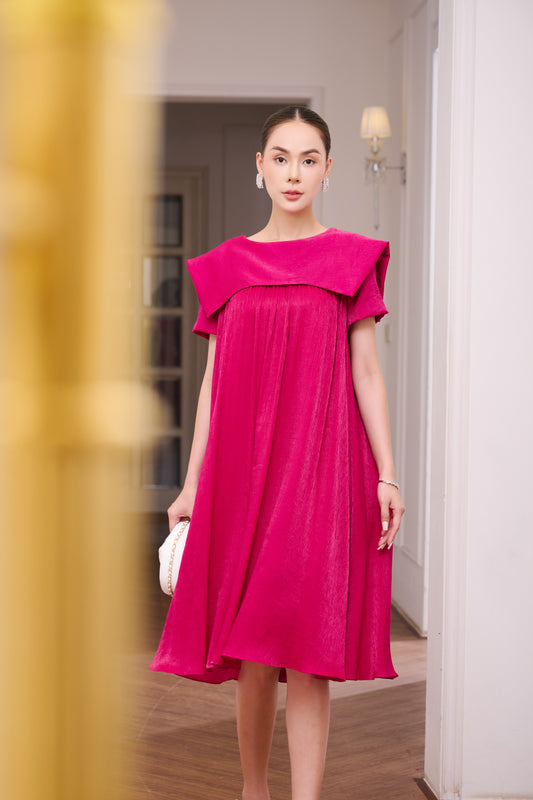 Fuchsia Pleated A-Line Midi Dress with Cape Sleeves