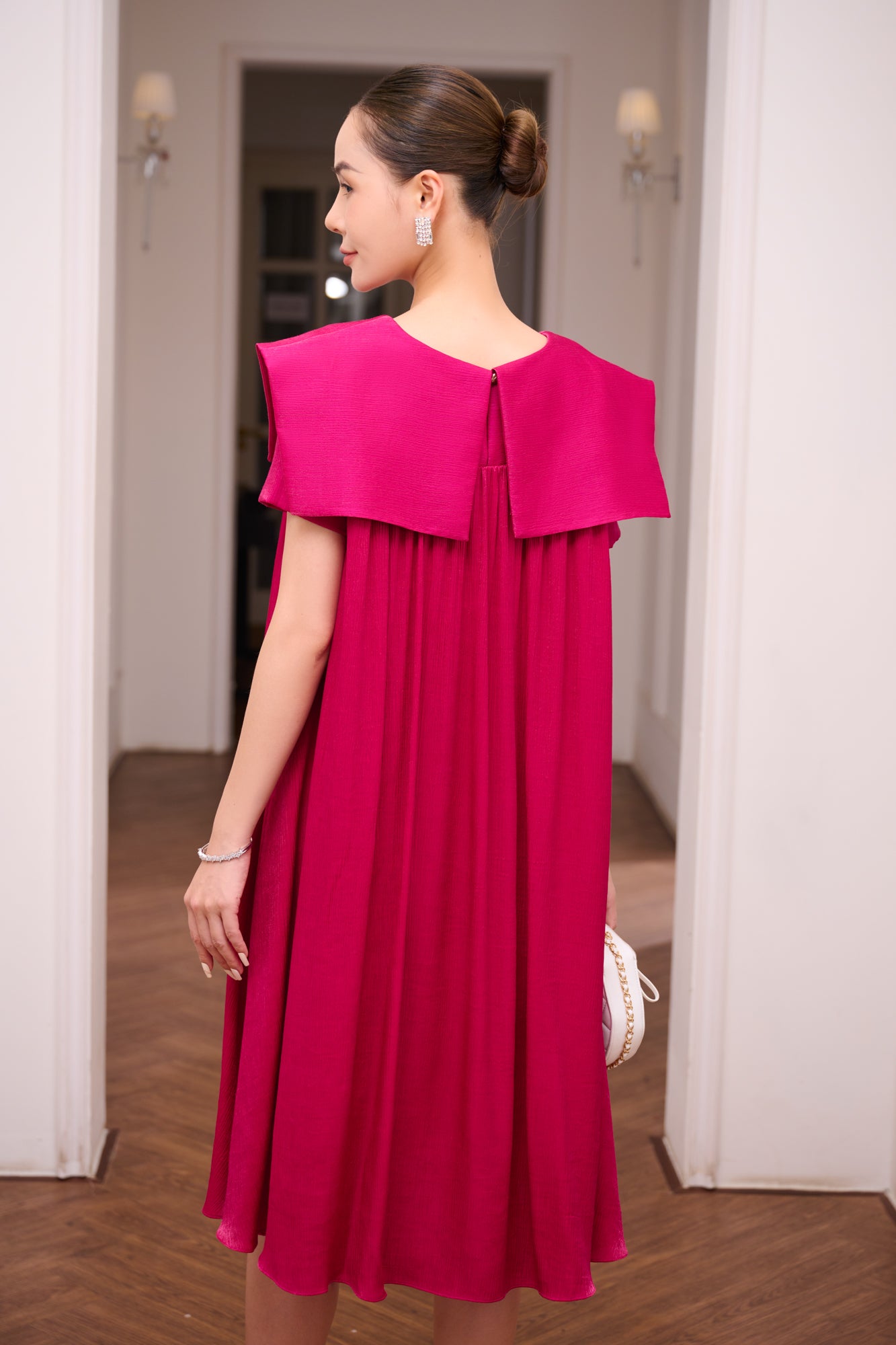 Fuchsia Pleated A-Line Midi Dress with Cape Sleeves